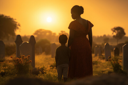 Portrait image of happy family mum and child walking together and enjoying sunset or sunrise outdoors generative AI