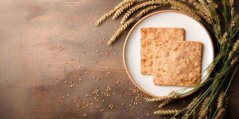 Kosher matzah, matza, matzoth jewish wheat bread and ears of wheat. Top view background with copy space
