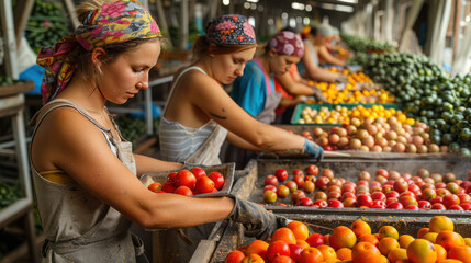 Female workers sorting fresh vegetables on a conveyor belt at a produce food - obrazy, fototapety, plakaty