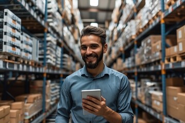 A man with a beard and dressed in a dress shirt is smiling while holding a tablet in a warehouse building. He appears to be an engineering customer in the retail industry - obrazy, fototapety, plakaty