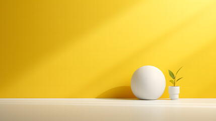 A serene composition with a 3D-rendered sphere and houseplant against yellow wall, product presentations	