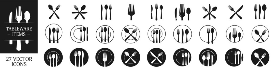 Fork, knife and plate icons set. Cutlery icon. Logotype tableware. - 757309191