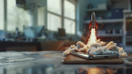 rocket flying out of smartphone on a table taking off into the future of mobile devices and apps - obrazy, fototapety, plakaty