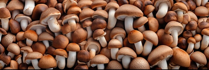 Shiitake mushrooms as background, banner, texture. Fresh raw shiitake mushrooms top view - obrazy, fototapety, plakaty