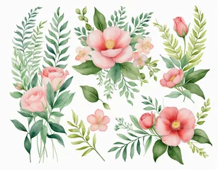 Rolgordijnen Set of watercolor floral elements - collection of botanical flowers bouquet with leaves and branches © Fukurou
