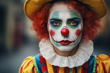 Horror circus actor performer clown fun time children fair Generative AI funny and freaky face expression