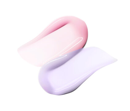 Pink and purple cream cosmetic anti aging  texture stroke composition isolated on white background. Hyaluronic acid skincare moisturizer product