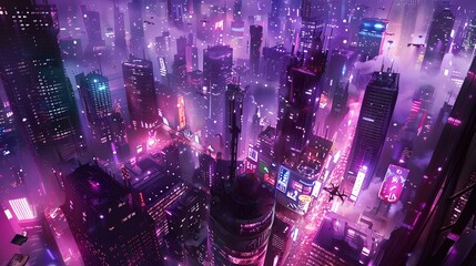 Vibrant aerial view of a bustling city at night, showcasing neon lights and urban architecture. perfect for modern backgrounds. ideal for tech projects. AI