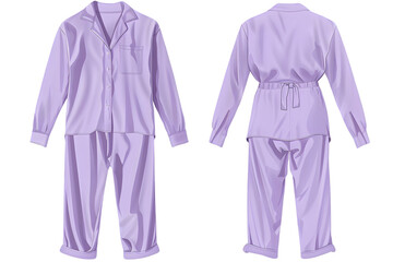 Front and back view of a lavender basic pajama set template. Soft and cozy material, mockups for design and print, isolated on a white or transparent background