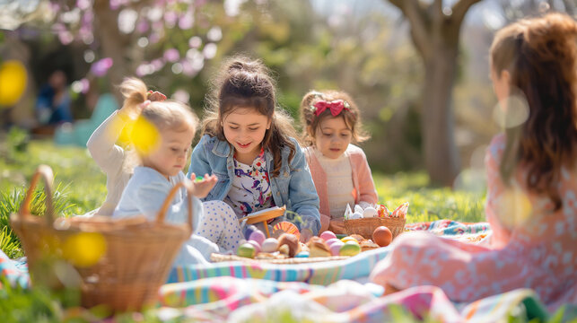 A family enjoys a sunny day outdoors. They sit on a colourful blanket amidst a lush green field adorned with blooming flowers. Colourful toys are scattered around them, creating a playful atmosphere.