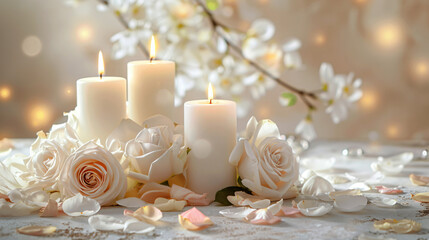 Fototapeta na wymiar White candles with roses and flowers petals