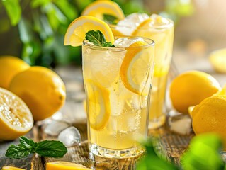 Citrus Refreshment, Two glasses of sparkling lemonade adorned with fresh lemon slices and mint leaves, capturing the essence of a refreshing summer beverage