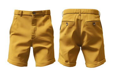 Front and back view of a saffron basic chino shorts template. Comfortable fit with a button closure, mockups for design and print, isolated on a white or transparent background.