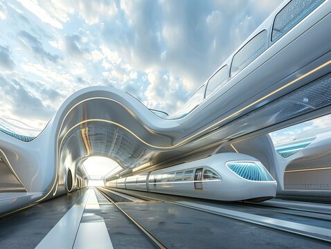 The Future of Transit, Hyperloop Terminal, A hyperloop train glides seamlessly into a state-of-the-art terminal, advanced transportation technology with its sleek design and rapid travel capabilities
