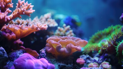 Coral Reef Ecosystem, A vibrant underwater scene rich diversity of a coral reef, array of colors...
