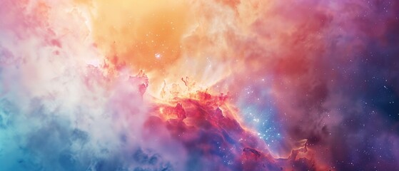 panorama of a nebula, where swirls of cosmic dust and gas in radiant hues of orange, pink, and blue come together in a celestial dance, creating a mesmerizing display of the universe's wonders - obrazy, fototapety, plakaty