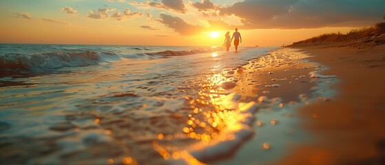 A couple enjoys a tranquil walk along a beach shoreline, with the sunset painting the sky and water in brilliant shades of orange and gold, reflecting the day's last light in a picturesque setting