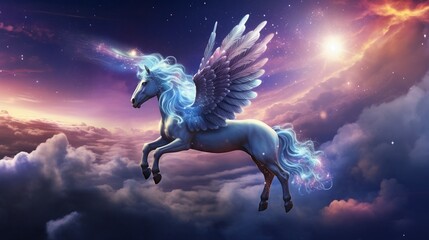 Obraz na płótnie Canvas Enchanted unicorn prancing on clouds surrounded by constellations
