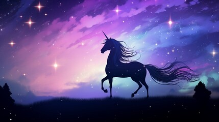 Obraz na płótnie Canvas Elegant unicorn silhouette against a moonlit sky stars cascading in its flowing mane