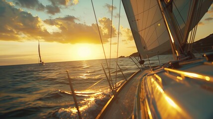 Sailing Sunset, A sailboat journeys across calm waters, catching the last golden rays of the sun as it sets on the horizon, a path of light on the ocean surface and a feeling of peaceful navigation