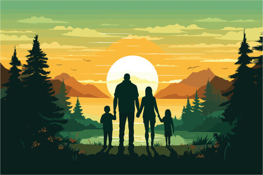 Family silhouettes in nature and blue sky, Father and children enjoying, Family with children walking blue sky, Family with baby and child silhouette