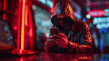 A hacker steals data through a smartphone.  - obrazy, fototapety, plakaty