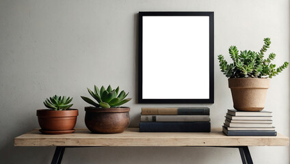 Home interior poster mock up with empty horizontal metal frame, succulents in basket and pile of books on white wall background