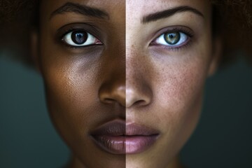 Portrait divided into two parts with dark and light skin