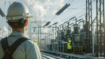 Fototapeta premium electrical engineer working at the power station See the planning of electricity production at high voltage poles.