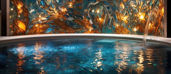 A vast swimming pool reflects a painting of a natural landscape. The liquids electric blue hue contrasts with the art, creating a leisurely ambiance