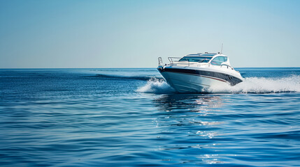 High-Speed Motor Boat on Open Sea with Copy Space, Adventure and Recreation Concept, Nautical...