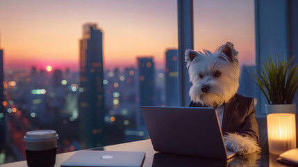 smart white dog wearing suit work on smart computer technology at modern smart technology business office at high floor of skyline in downtown with high building at twilight sunset view in background