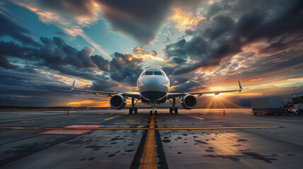 Airplane. Beautiful photo of passenger airplane on the runway and in the air.  - obrazy, fototapety, plakaty