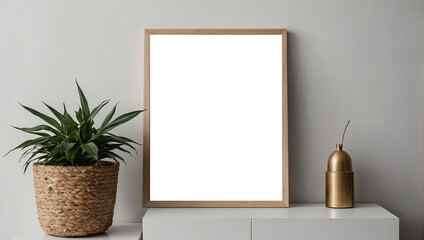 Minimal wooden picture poster frame mockup on white wallpaper