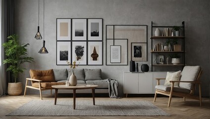 Fototapeta premium Mock up posters frame on wall in modern interior background, living room, Books vase lamp on cabinet, Scandinavian style