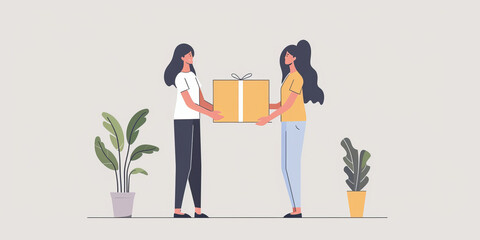 Charity, artwork and illustration of cartoon women donating a parcel for support, relief and donations. Humanitarian, mockup and awareness poster or banner for background, wallpaper or digital design