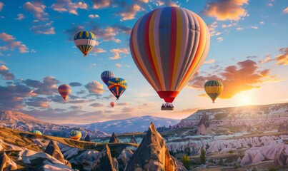 Colorful hot air balloons of Cappadocia float gracefully over the valley - obrazy, fototapety, plakaty