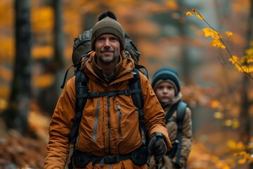 Obraz premium Hiker with child enjoying autumn woods