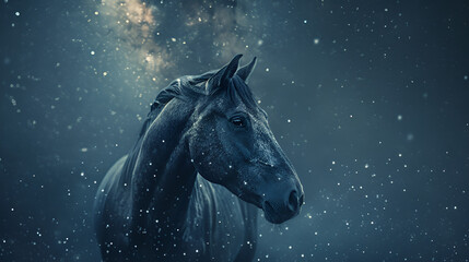 Obraz na płótnie Canvas Horse on a background of the starry sky. 3d rendering, Unicorn with the moonlight,3d rendering, background with colourful nebula, Generative Ai