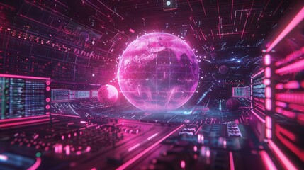 Global Artificial Intelligence and E-Learning A neon globe surrounded by digital data streams and AI algorithms, highlighting the role of AI in modern global education and e-Learning.