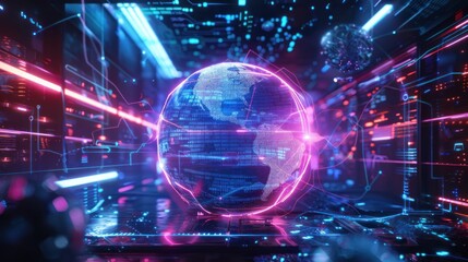 Obraz premium Global Artificial Intelligence and E-Learning A neon globe surrounded by digital data streams and AI algorithms, highlighting the role of AI in modern global education and e-Learning.