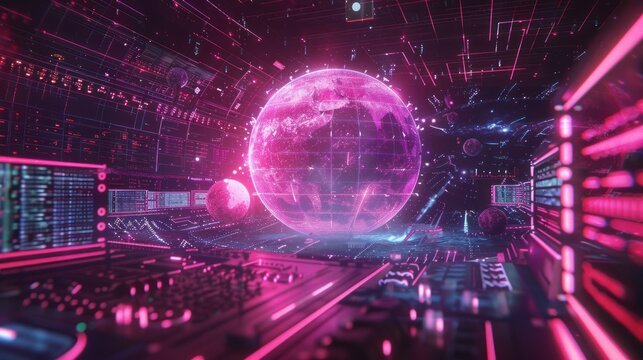 Global Artificial Intelligence and E-Learning A neon globe surrounded by digital data streams and AI algorithms, highlighting the role of AI in modern global education and e-Learning.