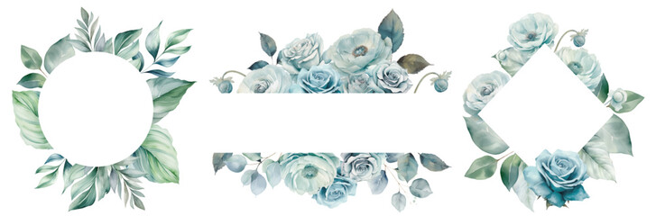 Set watercolor blue roses floral roses and ranunculus frame. Wedding concept a white background