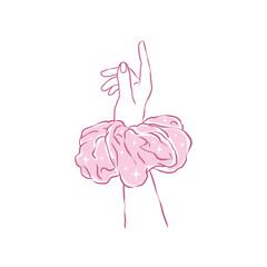 Hand and cute pink satin scrunchie. Coquette style clip art