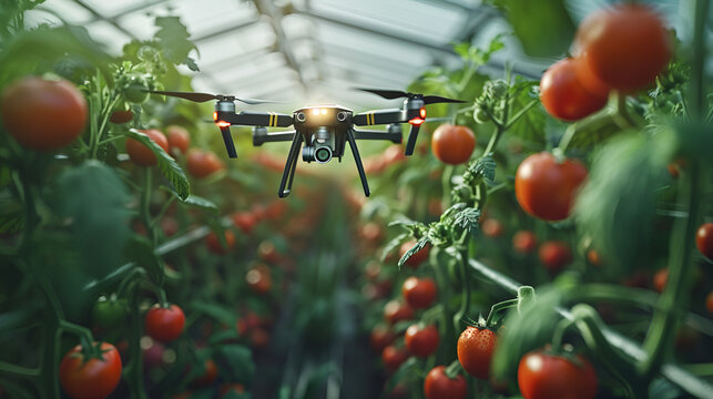 Industrial modern 4.0 greenhouse to grow tomatoes with robots drone. Concept technology innovations farming. grow tomatoes, Generative Ai 