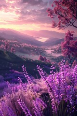 Use AI technology to produce a stunning image of a serene landscape brimming with blooming flowers