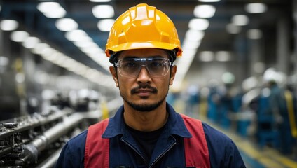  mechanical engineer wearing a safety helmet in a factory with a production line. Industrial machinery and maintenance.
