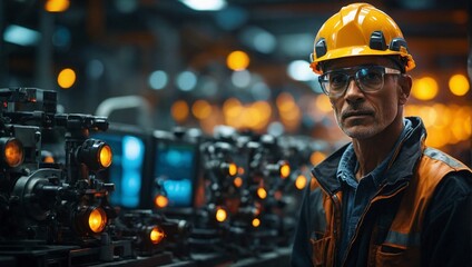  mechanical engineer wearing a safety helmet in a factory with a production line. Industrial machinery and maintenance.
