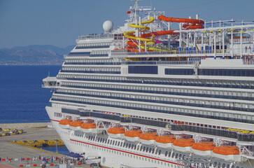 Modern family fun cruiseship cruise ship liner Vista in Piraeus port near Athens, Greece during...