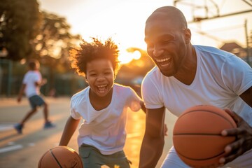 A man and a boy are happily playing basketball on a court under the clear sky, wearing shorts and making fun gestures with the ball, enjoying leisure time together - obrazy, fototapety, plakaty